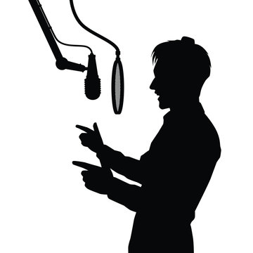 recommend clip art: Young man with microphone in studio silhouette vector, radio broadcaster, singer
