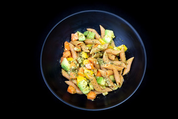 Red Papaya, avocado and mango with Basil paste lentil pasta