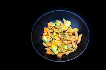 Red Papaya, avocado and mango with Basil paste lentil pasta