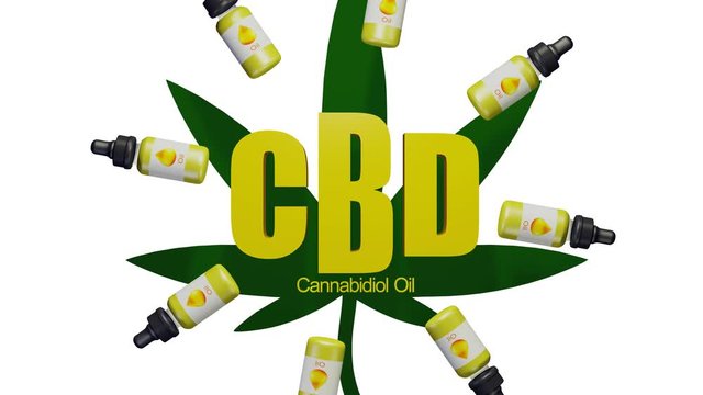 CBD CANABIS OIL 3D graphics and animation of marijuana, graphic text of a bottle of oil and hemp bush in the background, alternative medicine, ligization.
