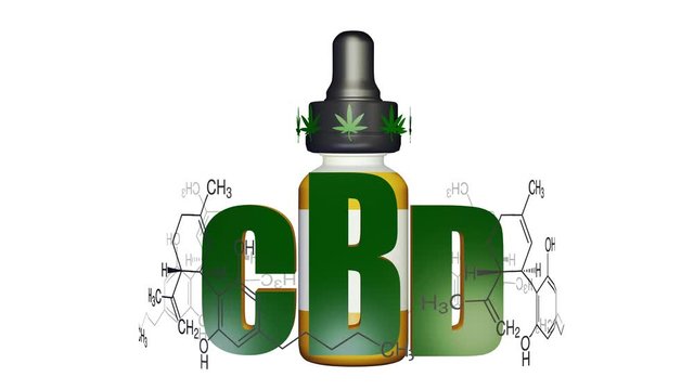 SBD CANABIS OIL 3D graphics and animation of marijuana, graphic text of a bottle of oil and hemp bush in the background, alternative medicine, ligization.