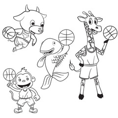 animal cartoon collection playing basketball for coloring book