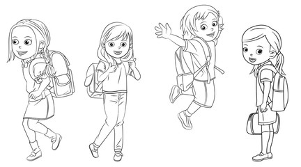 cartoon girl collection go to school for coloring book