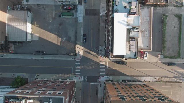 Aerial: Downtown Detroit and traffic. Detroit, Michigan, USA
