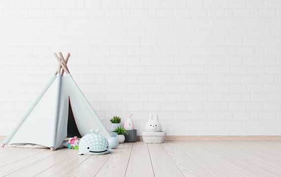 Mock up in children's playroom with tent and table sitting doll on empty white wall background.