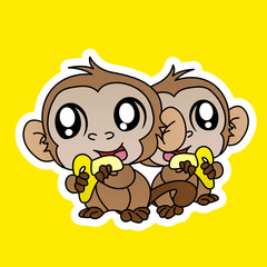 Stickers of Monkey Eat Bananas, Cute Character, Flat Design