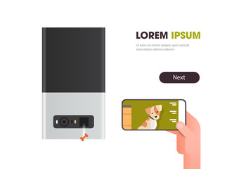hand using smartphone controlling automatic digital pet dry food storage ai meal feeder dispenser concept smart animal feed online mobile app horizontal copy space vector illustration