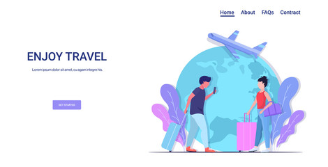 people with luggage having holiday trip enjoy travel concept man woman travelers couple airplane passengers world map background horizontal copy space full length vector illustration