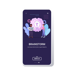 businesspeople brainstorming successful teamwork creative big idea business inspiration brainstorm concept mix race man woman with light lamp smartphone screen mobile app copy space full length vector