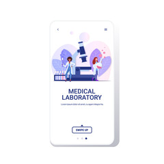 mix race doctors doing research chemical laboratory scientists making experiments holding test tubes with liquid women working with microscope in medical lab full length smartphone screen mobile app