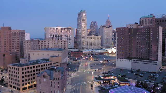 Aerial: Detroit city skyline at sunset. Detroit, Michigan, USA.