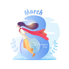 March 8 and flying women for Women's day illustration