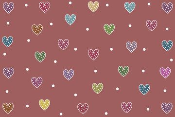Colorful hearts with white dots on pink background.