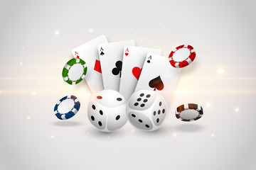 casino playing cards dice and flying chips background