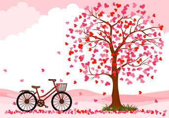 Valentine's day card background with a bike and a tree made out of hearts. Vector.