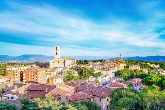 Panorama of Perugia, Italy under a blue and partly cloudy sky