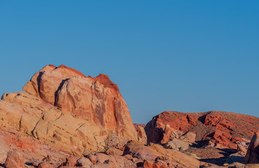 Low angle landscape of large colorful rock formations at Valley of Fire State Park in Nevada