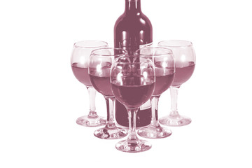 Bottle and glasses with wine on a white background.Toned image.