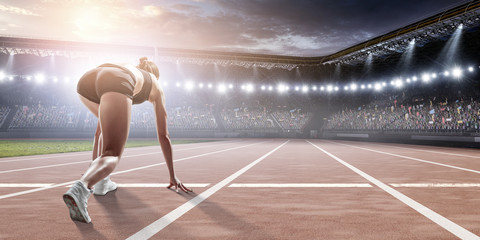 Athlete running race. Mixed media