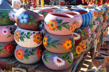 Fototapeta na wymiar Beautiful colorful Mexican pottery on display