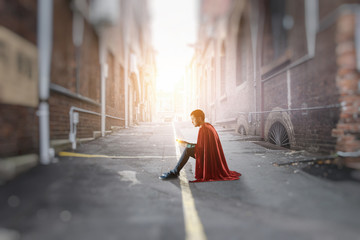 Super hero making call. Mixed media