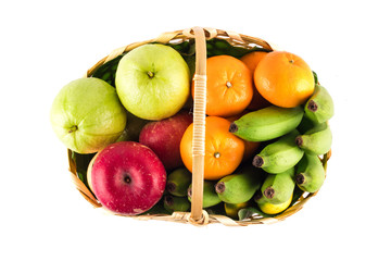 composition assorted fresh fruits bamboo wicker basket on white background fruit health food isolated