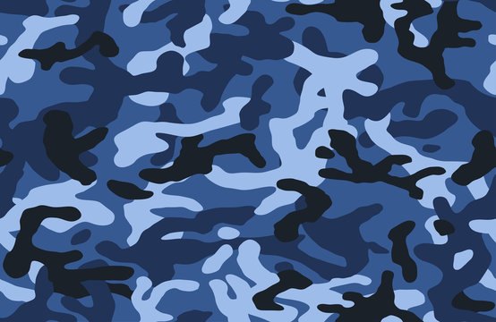 Camouflage pattern background seamless vector illustration. Classic clothing style masking camo repeat print. blue color