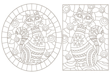Set of contour illustrations of stained glass Windows with cute cartoon cats , dark contours on a white background