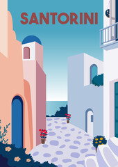 Santorini Vector Illustration Background - obrazy, fototapety, plakaty