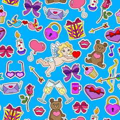Seamless pattern on the theme of the holiday Valentine's Day, bright cartoon patch icons on a blue background