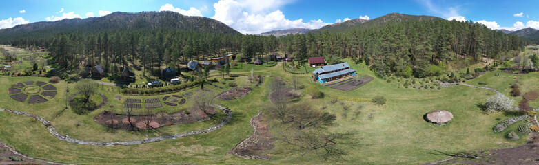 Drone bird's-eye panorama of Gorno-Altai Botanical Garden