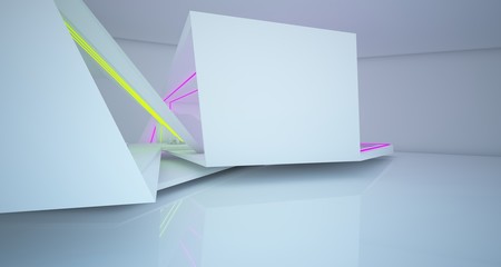 Obraz premium Abstract architectural white interior of a modern villa with neon lighting. 3D illustration and rendering.