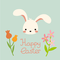 Cute kawaii cartoon flat vector easter white bunny face with hand writing lettering - Happy easter and spring flowers