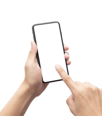 Male hand holding the black smartphone and touching on blank screen isolated on white background with clipping path.