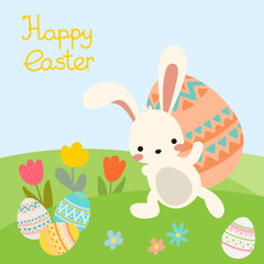 Cute flat cartoon vector easter bunny with colorful decorative eggs on green nature floral landscape with flowers with lettering