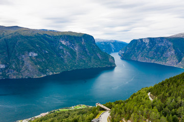 Fototapeta na wymiar Aerial view of Stegastein Viewpoint.Experience the spectacular viewing platform, 650 meters above Aurlands fjord.