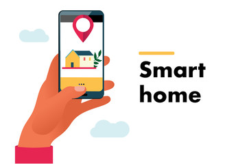 Internet of Things vector concept illustration. Smart home. Hand holding phone to control things. Home automation concept, flat style. IOT concept.