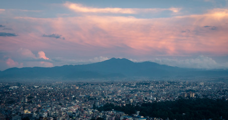 Kathmandu, Nepal. Panorama from Swayambhunath stupa monkey temple during sunset