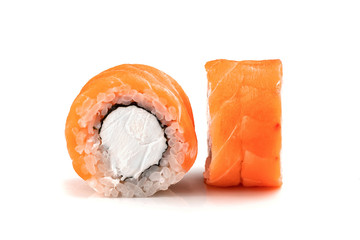 Traditional fresh japanese sushi rolls on a white isolated background.