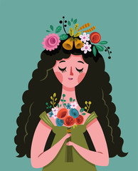 Vector illustration of a young Lady and flowers.