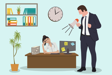 Angry Boss is shouting to his employee woman via megaphone. Office deadline problem. Vector flat cartoon illustration.