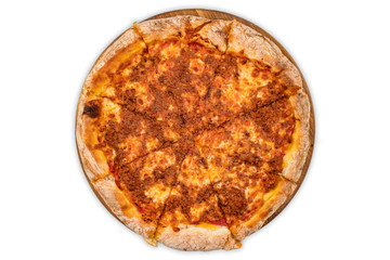 Appetizing pizza isolated on a white background, top view
