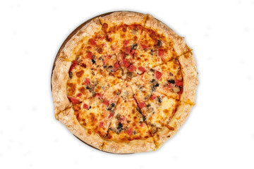 Appetizing pizza isolated on a white background, top view