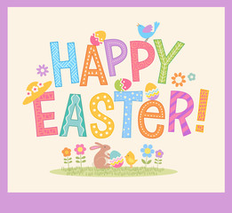 Happy Easter hand drawn decorative lettering design with Easter eggs, flowers, birds and bunny rabbit. For greeting cards, banners, flyers, etc.