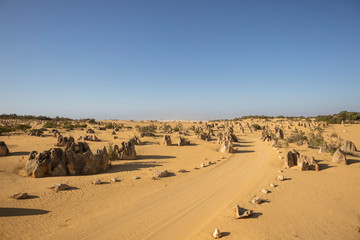 Fototapeta na wymiar Limestone rock formations, also known as pinnacles, next to the path within the Nambung national park in Western Australia