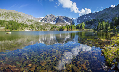 Mountain landscape, picturesque mountain lake in the summer morning