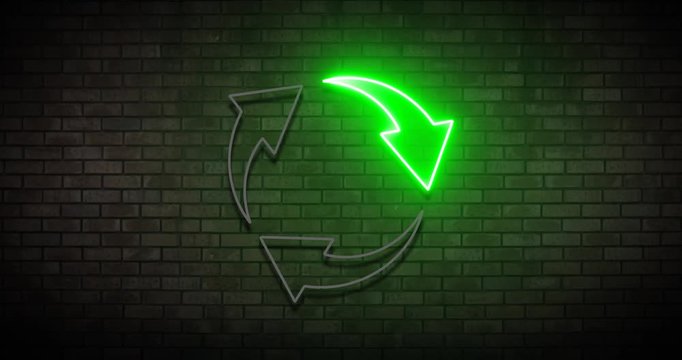 Animated bright neon recycle logo on a brick wall. Nature, pollution, recycling, clean energy. Useful for social media, banner, greeting cards, motion graphics, websites etc.