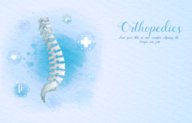 Obraz premium Medical orthopedic watercolor background. Treatment for orthopedics traumatology of spine bones and joints injury. Medical presentation, hospital. Vector illustration
