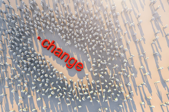 paradigm shift  ideas concept 3d redering of crowd low polygon people stand and focus on red change word on white floor with light flare over image