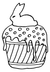 Easter cake ink hand drawn illustration with icing Easter Bunny. Holiday sweet food. Black and white line vector art for coloring book page.